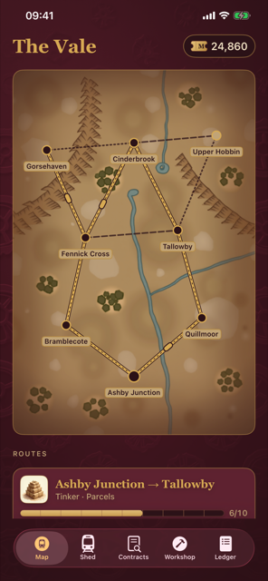 Spurwright map of Hollowmere Vale with rail lines between towns